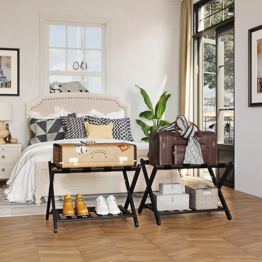 Smart FENDEE Space-Saving Foldable Bamboo Luggage Rack with Shelf