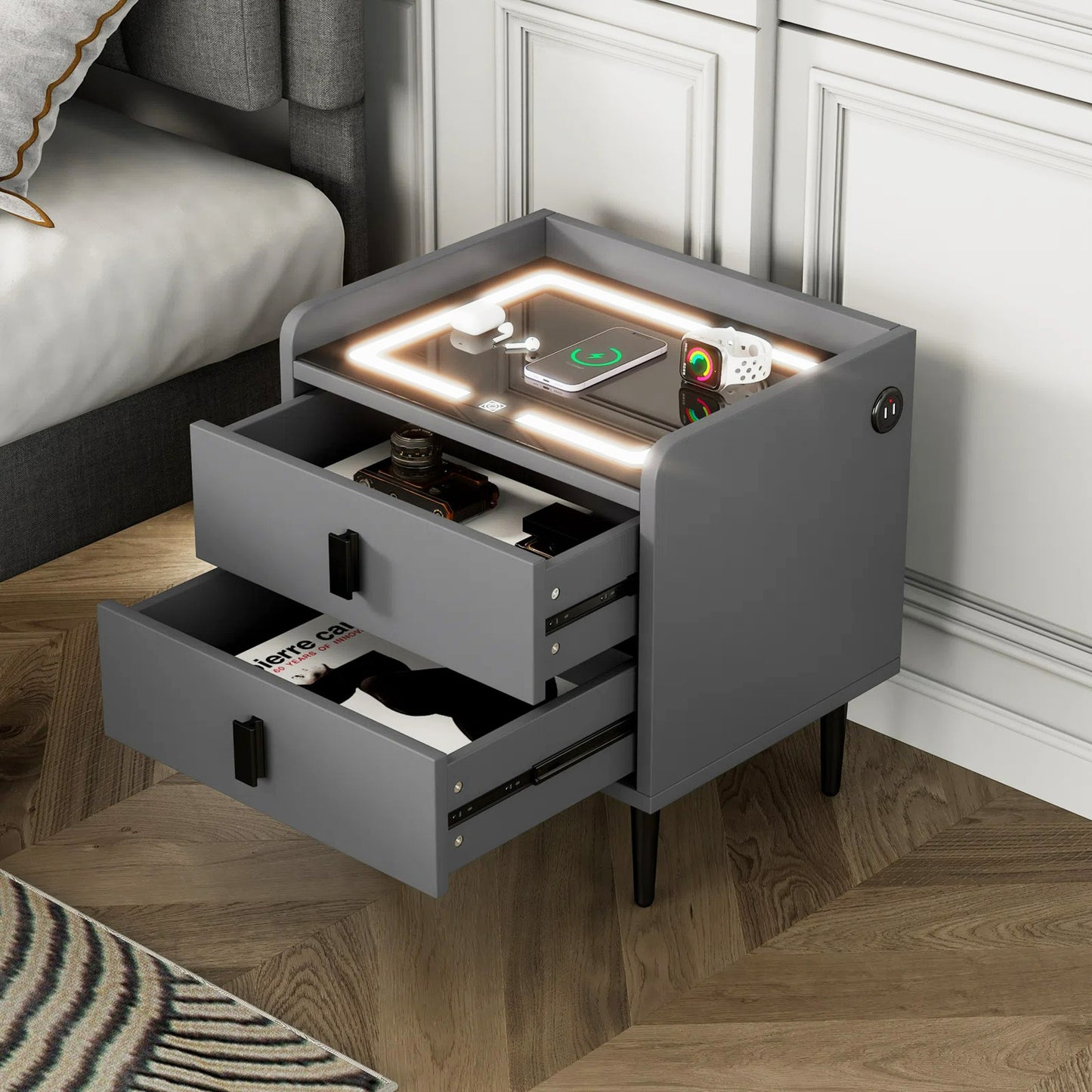 Nightstand with Wireless Charging Station,USB Charging and Adjustable LED Lights, Modern End Table with 2 Drawers for Bedroom,White