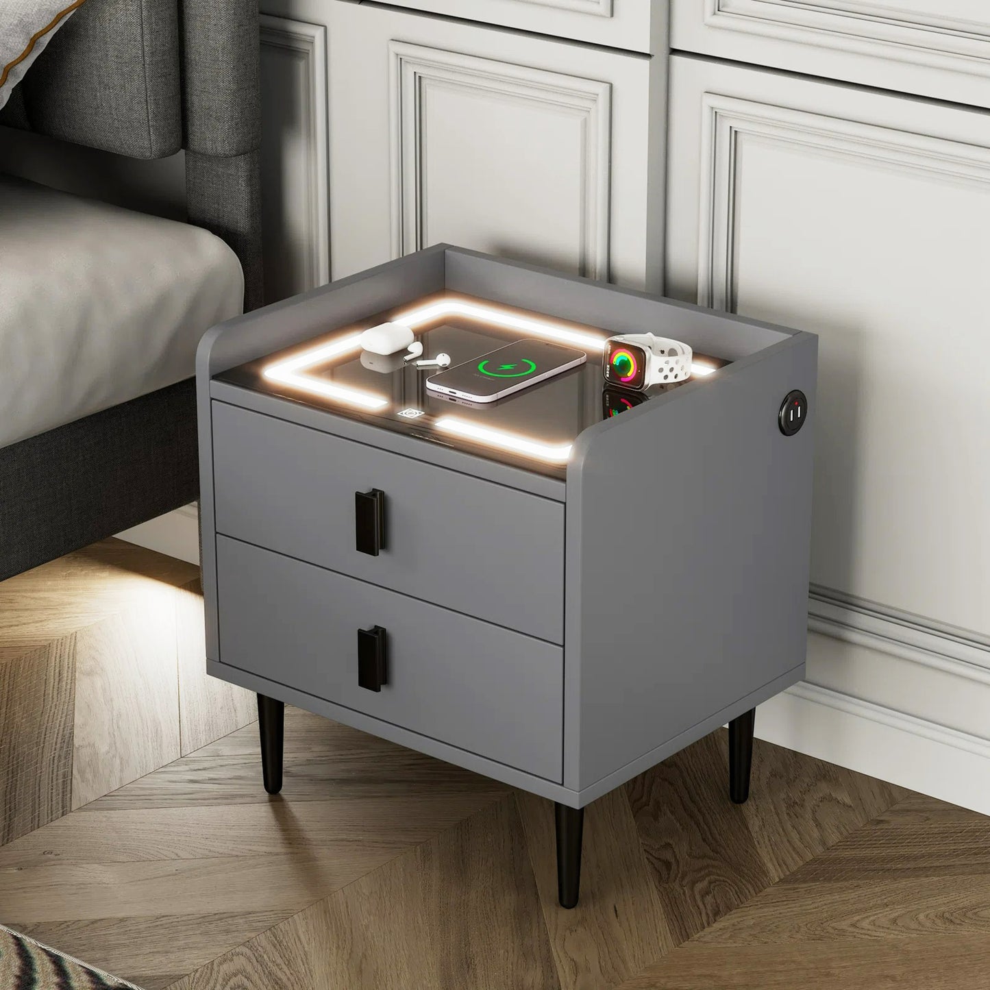 Nightstand with Wireless Charging Station,USB Charging and Adjustable LED Lights, Modern End Table with 2 Drawers for Bedroom,White