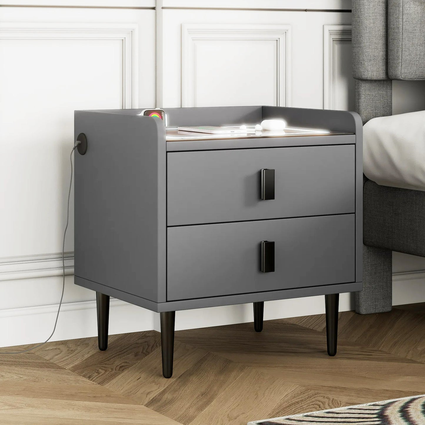 Nightstand with Wireless Charging Station,USB Charging and Adjustable LED Lights, Modern End Table with 2 Drawers for Bedroom,White