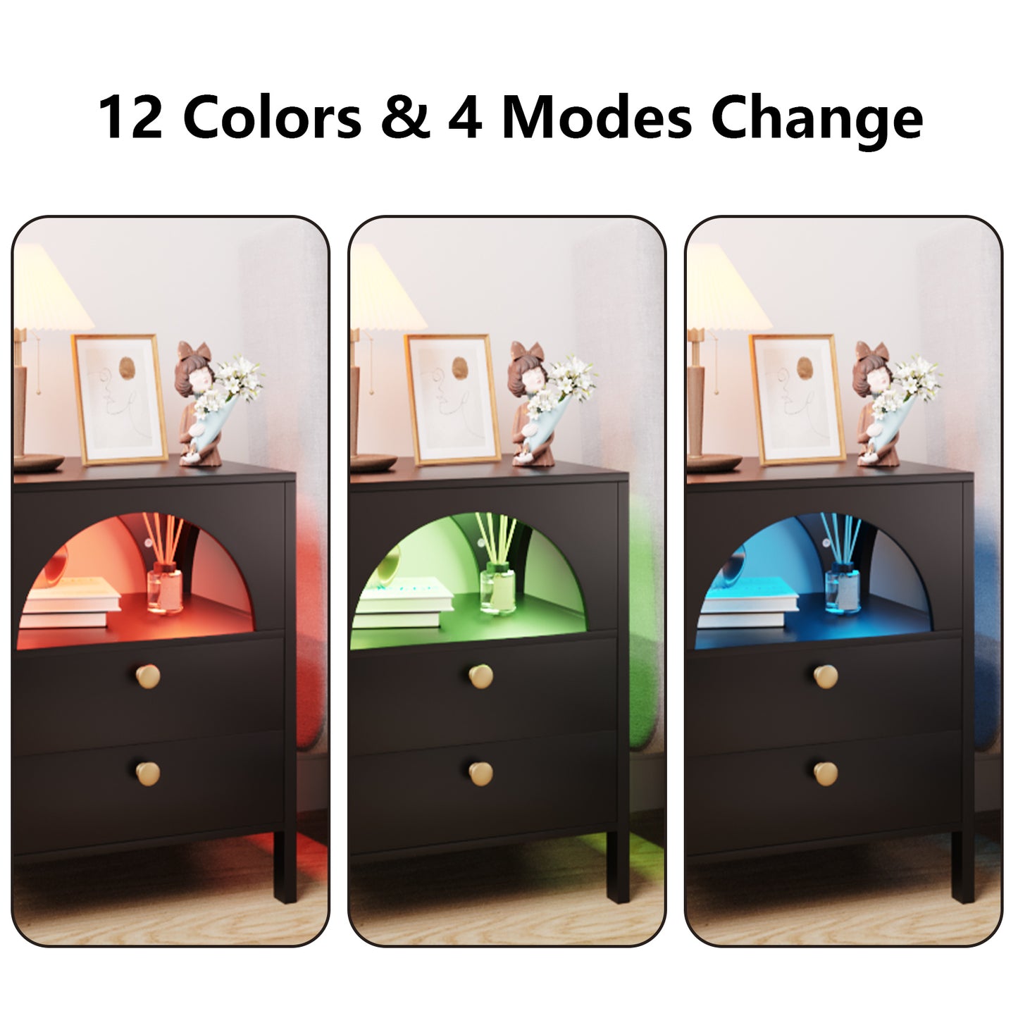 Algherohein Black Modern Nightstand 2 Drawers Beside Table for Bedroom