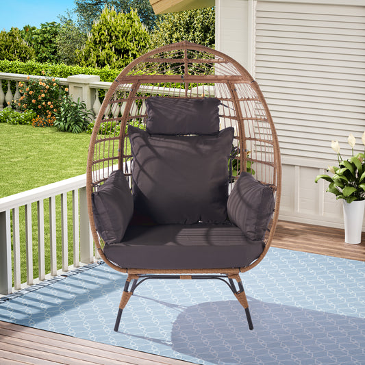 Wicker Egg Chair, Oversized Indoor Outdoor Lounger for Patio, Backyard, Living Room w/ 5 Cushions, Steel Frame, 440lb Capacity - Dark Grey