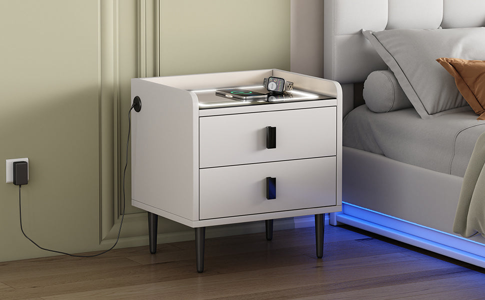 Nightstand with Wireless Charging Station,USB Charging and Adjustable LED Lights, Modern End Table with 2 Drawers for Bedroom,White
