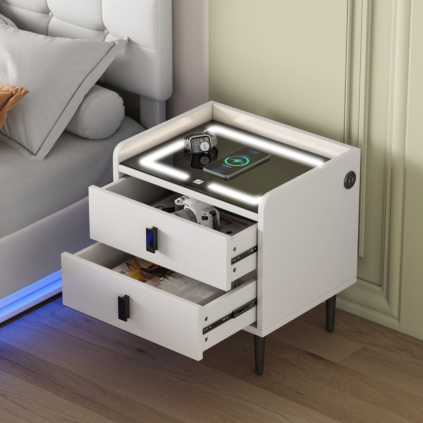 Nightstand with Wireless Charging Station,USB Charging and Adjustable LED Lights, Modern End Table with 2 Drawers for Bedroom,White