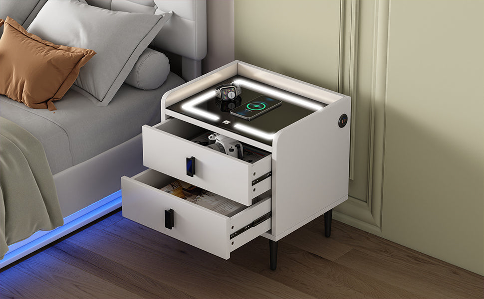 Nightstand with Wireless Charging Station,USB Charging and Adjustable LED Lights, Modern End Table with 2 Drawers for Bedroom,White