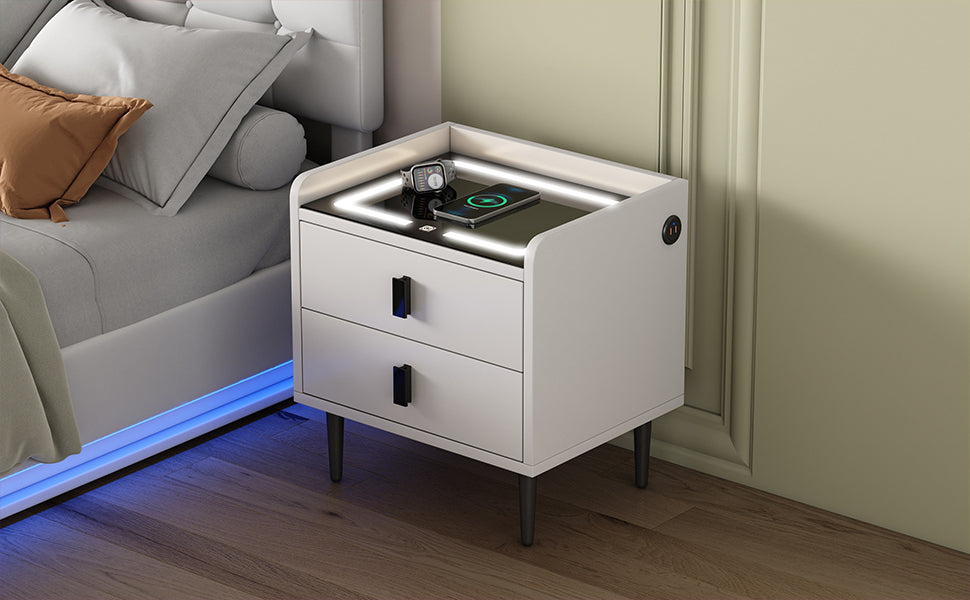 Nightstand with Wireless Charging Station,USB Charging and Adjustable LED Lights, Modern End Table with 2 Drawers for Bedroom,White