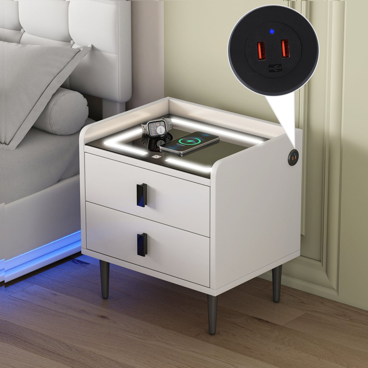 Nightstand with Wireless Charging Station,USB Charging and Adjustable LED Lights, Modern End Table with 2 Drawers for Bedroom,White